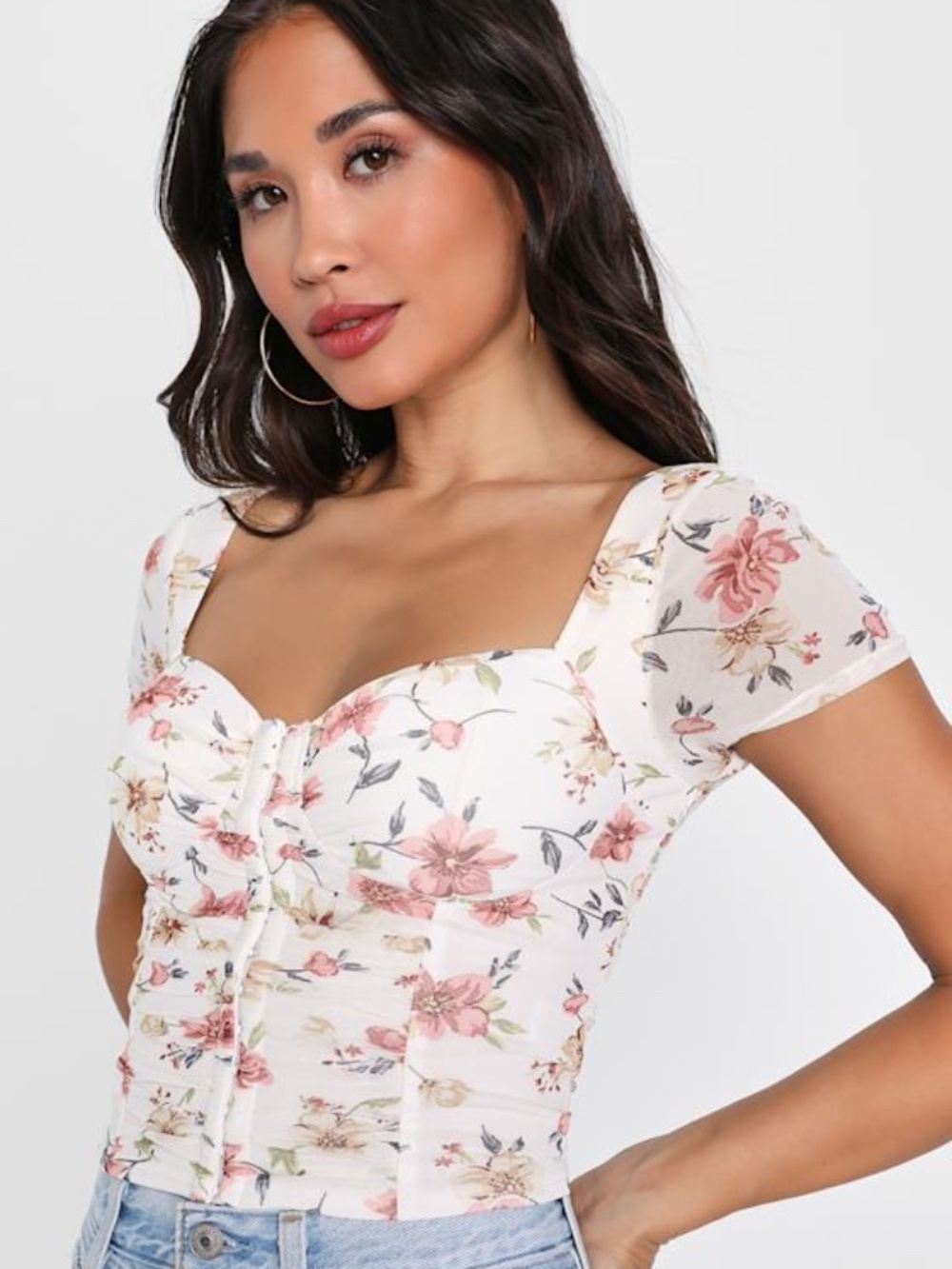 Lulus Sweeter Vibes Ivory Floral Mesh Short Sleeve Bustier Crop Top White